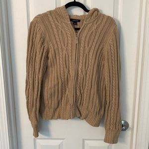 Women’s Lands’ End beige knit, zip up hooded sweater, size XL